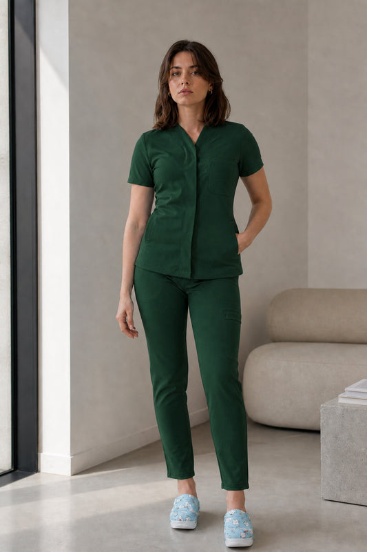 Costum medical din elastan pentru femei, Verde Kaki model Infinity