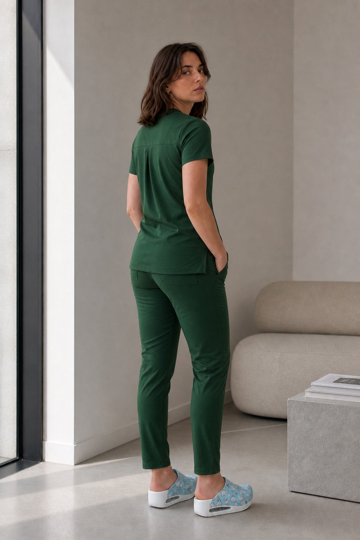 Women's elastane medical suit, Khaki Green Infinity model