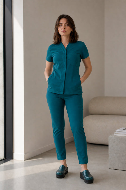 Costum medical din elastan pentru femei, Verde Petrol model Infinity