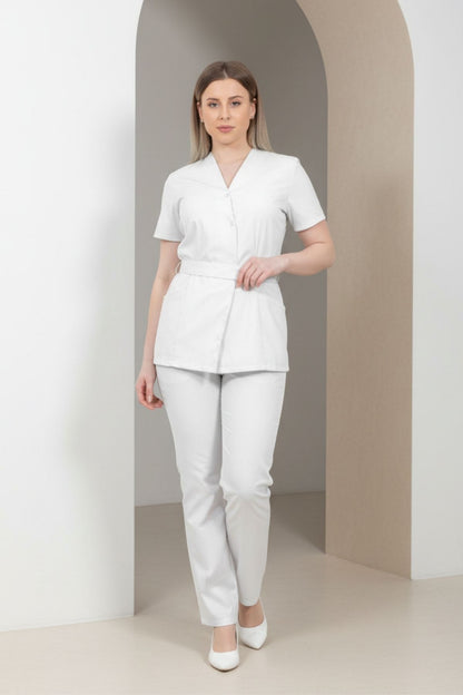 Costum Medical Kimono Elastan Pentru Femei, Culoarea Alba