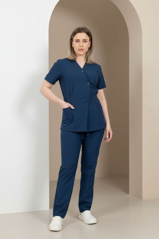 Costum Medical Kimono Elastan Pentru Femei, Culoarea Albastru Indigo
