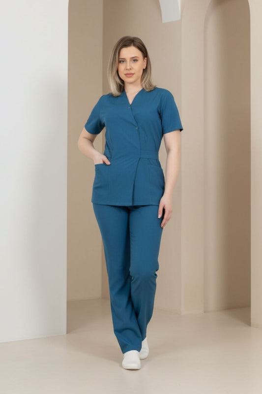 Costum Medical Kimono Elastan Pentru Femei, Culoarea Albastru Petrol