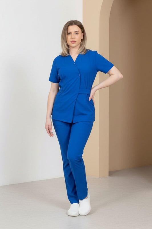 Costum Medical Kimono Elastan Pentru Femei, Culoarea Albastru Regal