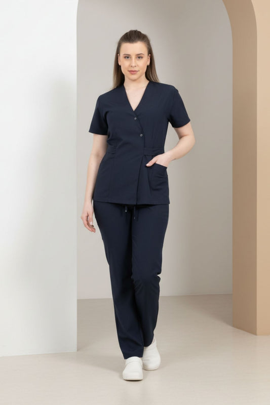 Costum Medical Kimono Elastan Pentru Femei, Culoarea Bleumarin
