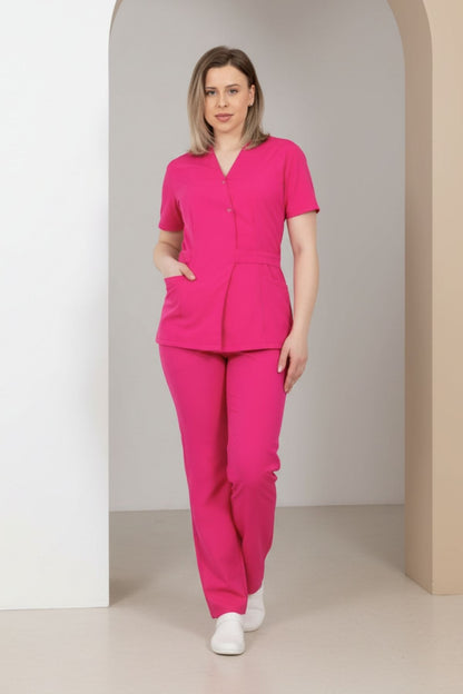 Costum Medical Kimono Elastan Pentru Femei, Culoarea Fuchsia