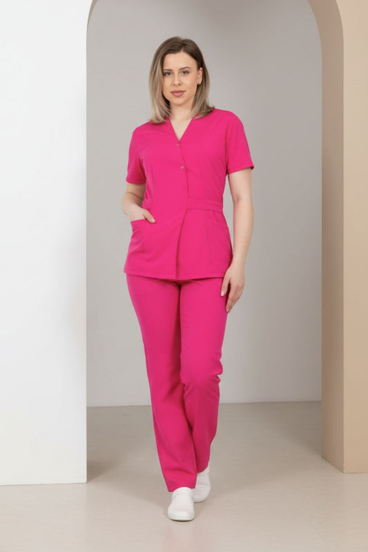 Costum Medical Kimono Elastan Pentru Femei, Culoarea Fuchsia