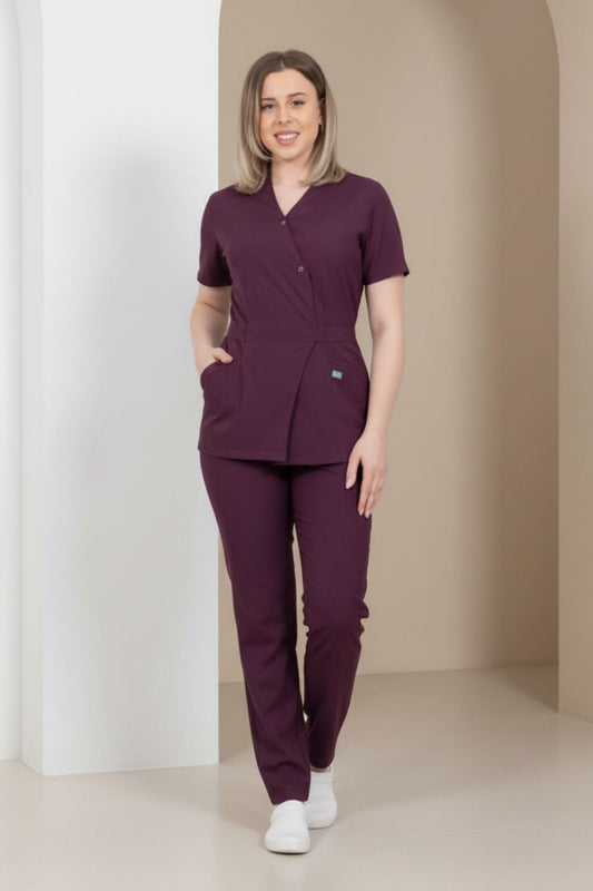 Costum Medical Kimono Elastan Pentru Femei, Culoarea Grena - Sour Cherry