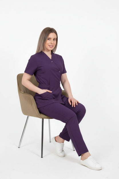 Bluza Medicala Kimono Elastan Pentru Femei, Uniforma Medicala, Culoarea Mov