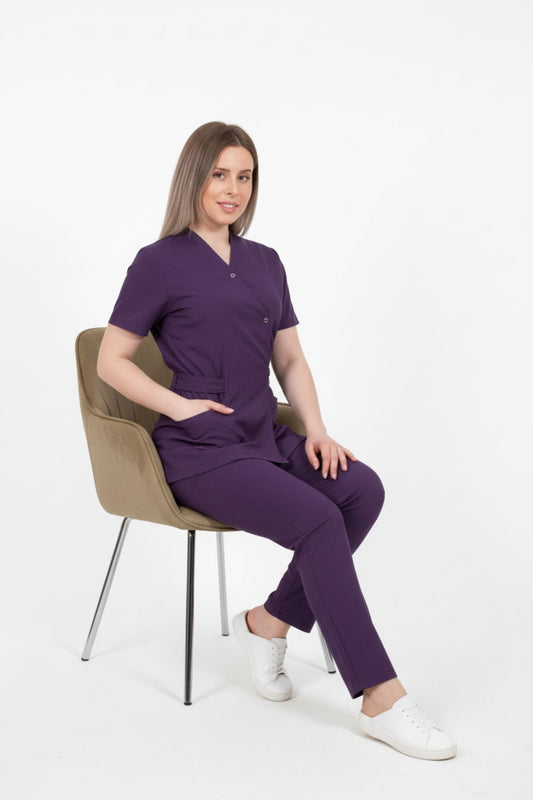 Bluza Medicala Kimono Elastan Pentru Femei, Uniforma Medicala, Culoarea Mov