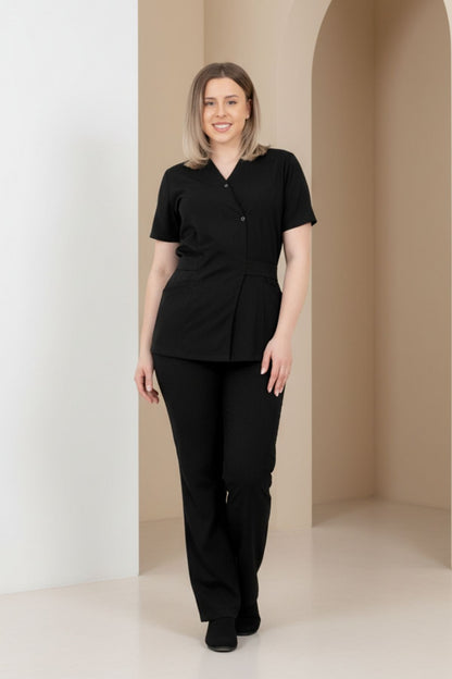 Costum Medical Kimono Elastan Pentru Femei, Culoarea Neagra