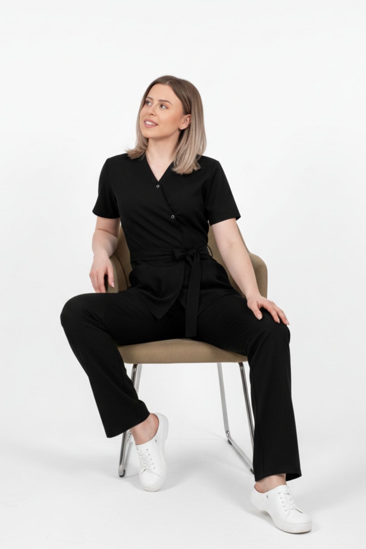 Bluza Medicala Kimono Elastan Pentru Femei, Uniforma Medicala, Culoarea Neagra