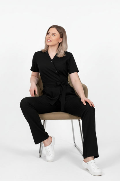 Bluza Medicala Kimono Elastan Pentru Femei, Uniforma Medicala, Culoarea Neagra