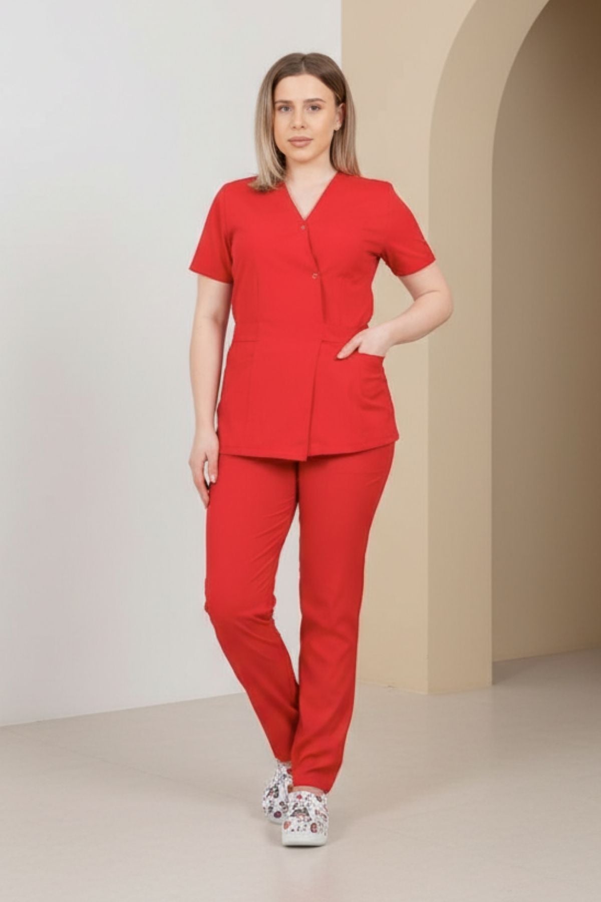 Costum Medical Kimono Elastan Pentru Femei, Culoarea Rosu