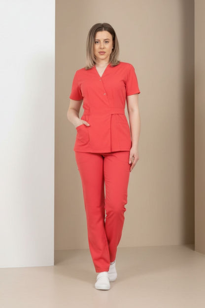 Costum Medical Kimono Elastan Pentru Femei, Culoarea Rosu Corai