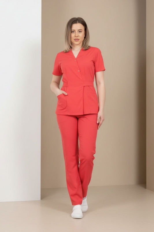 Costum Medical Kimono Elastan Pentru Femei, Culoarea Rosu Corai