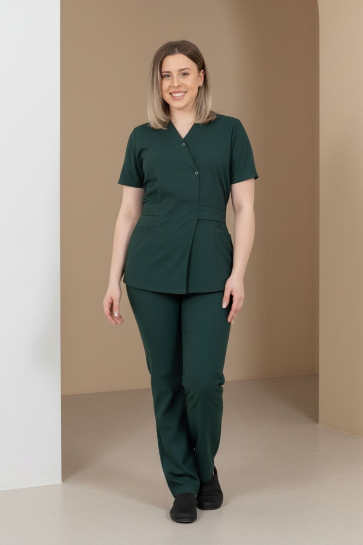 Costum Medical Elastan Verde Kaki, Pentru Femei - Model Kimono