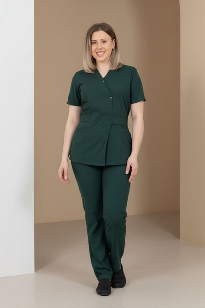 Costum Medical Elastan Verde Kaki, Pentru Femei - Model Kimono