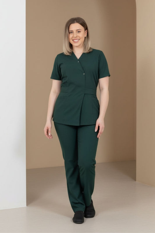 Costum Medical Elastan Verde Kaki, Pentru Femei - Model Kimono