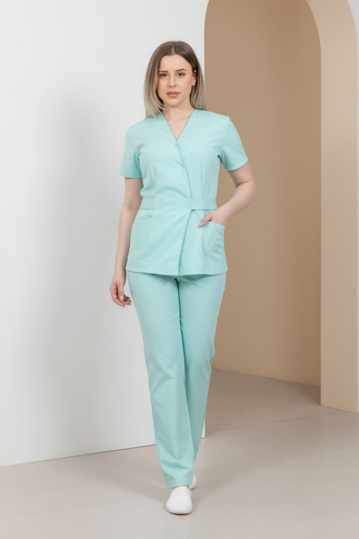 Costum Medical Kimono Elastan Pentru Femei, Culoarea Verde Menta