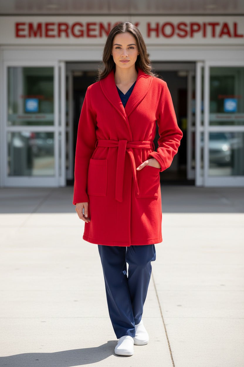 Asistenta imbracata intr-un halat medical polar rosu din fleece
