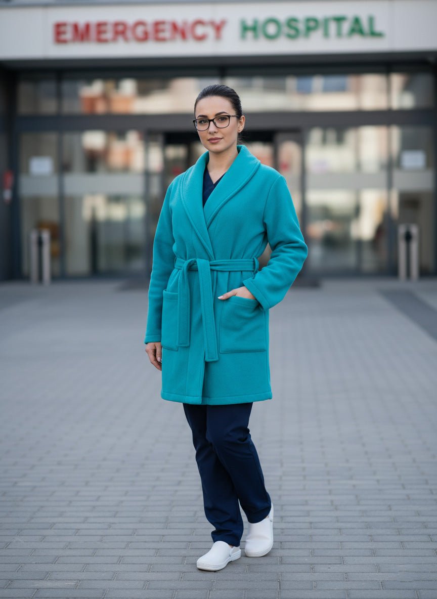 Asistenta imbracata intr-un halat medical polar turcoaz din fleece