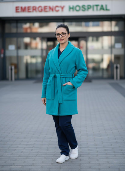 Asistenta imbracata intr-un halat medical polar turcoaz din fleece