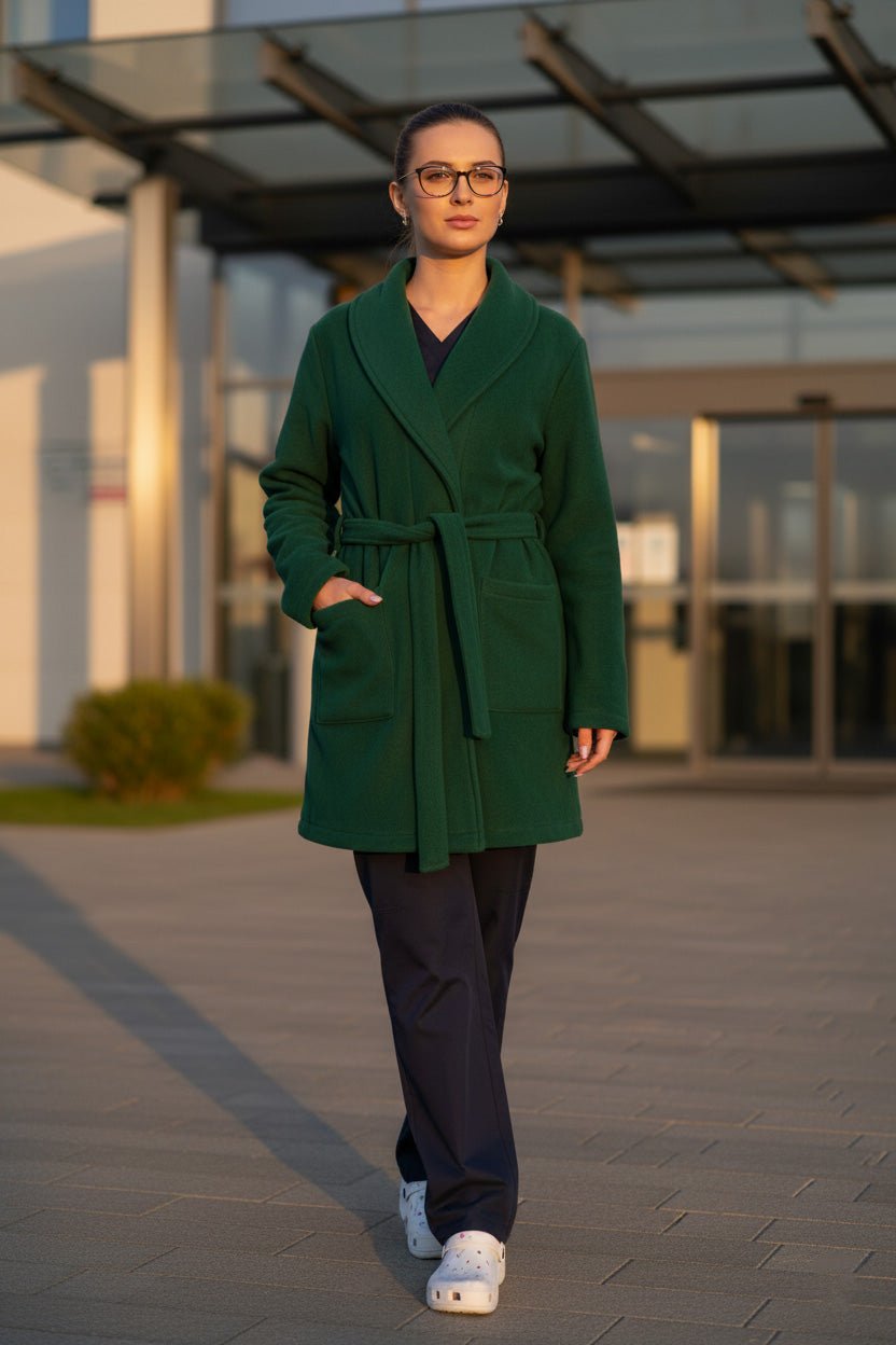 Asistenta imbracata intr-un halat medical polar verde militar din fleece