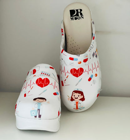 Orthopedic Medical Clogs, White with Print, Unisex - Airmax Alive Model