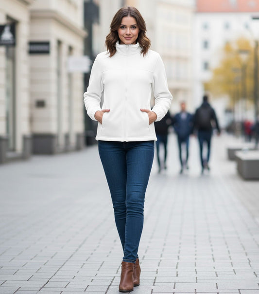 Asistenta imbracata intr-un jacheta cu fermoar medicala polar alb din fleece