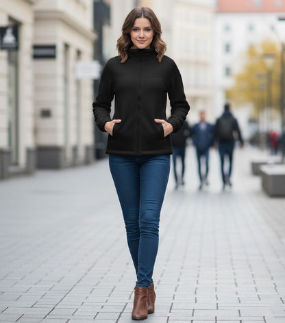 Asistenta imbracata intr-un jacheta cu fermoar medicala polar negru din fleece