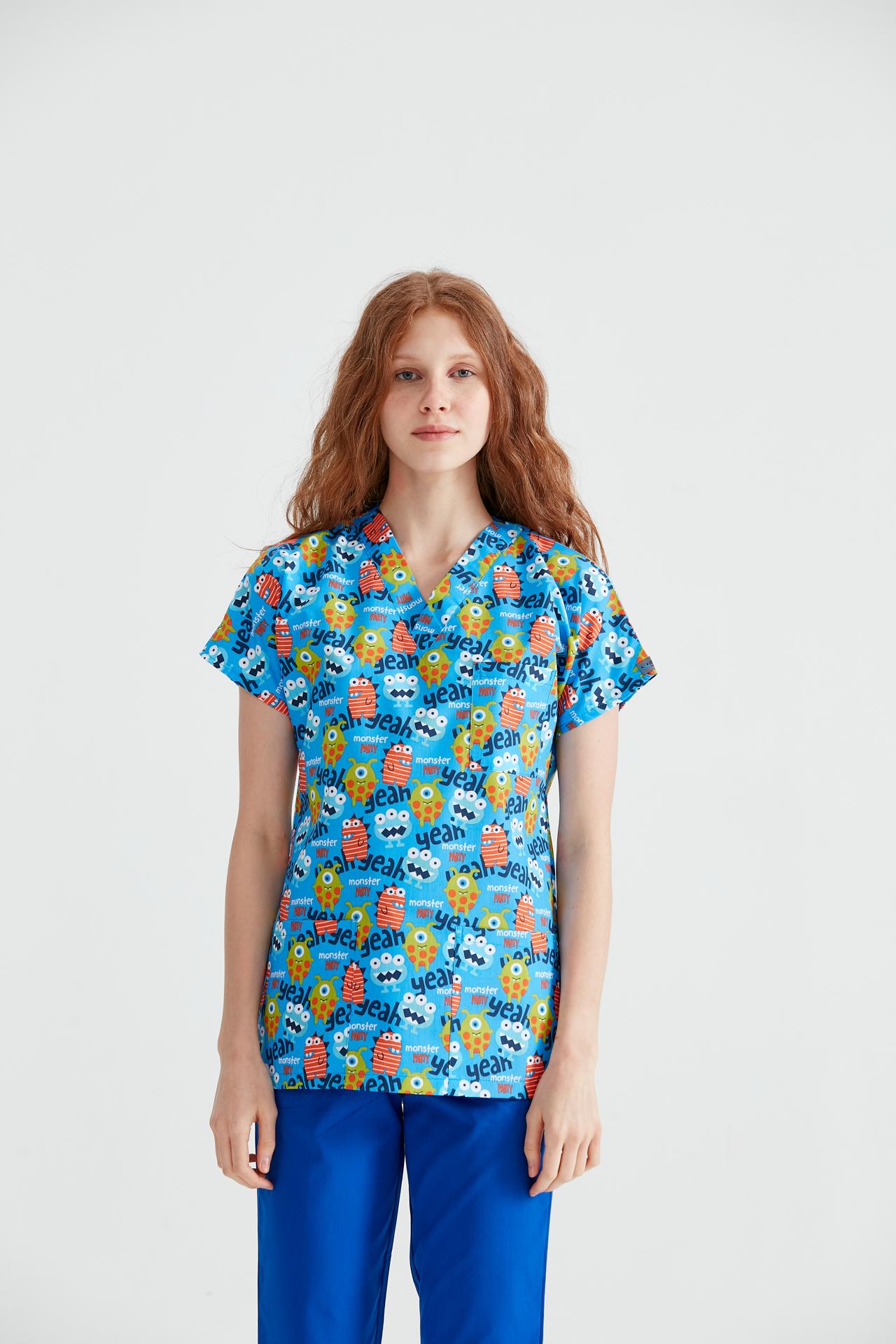 Bluza Medicala Albastru cu Imprimeu, Pentru Femei - Model Monster (Monstrii)