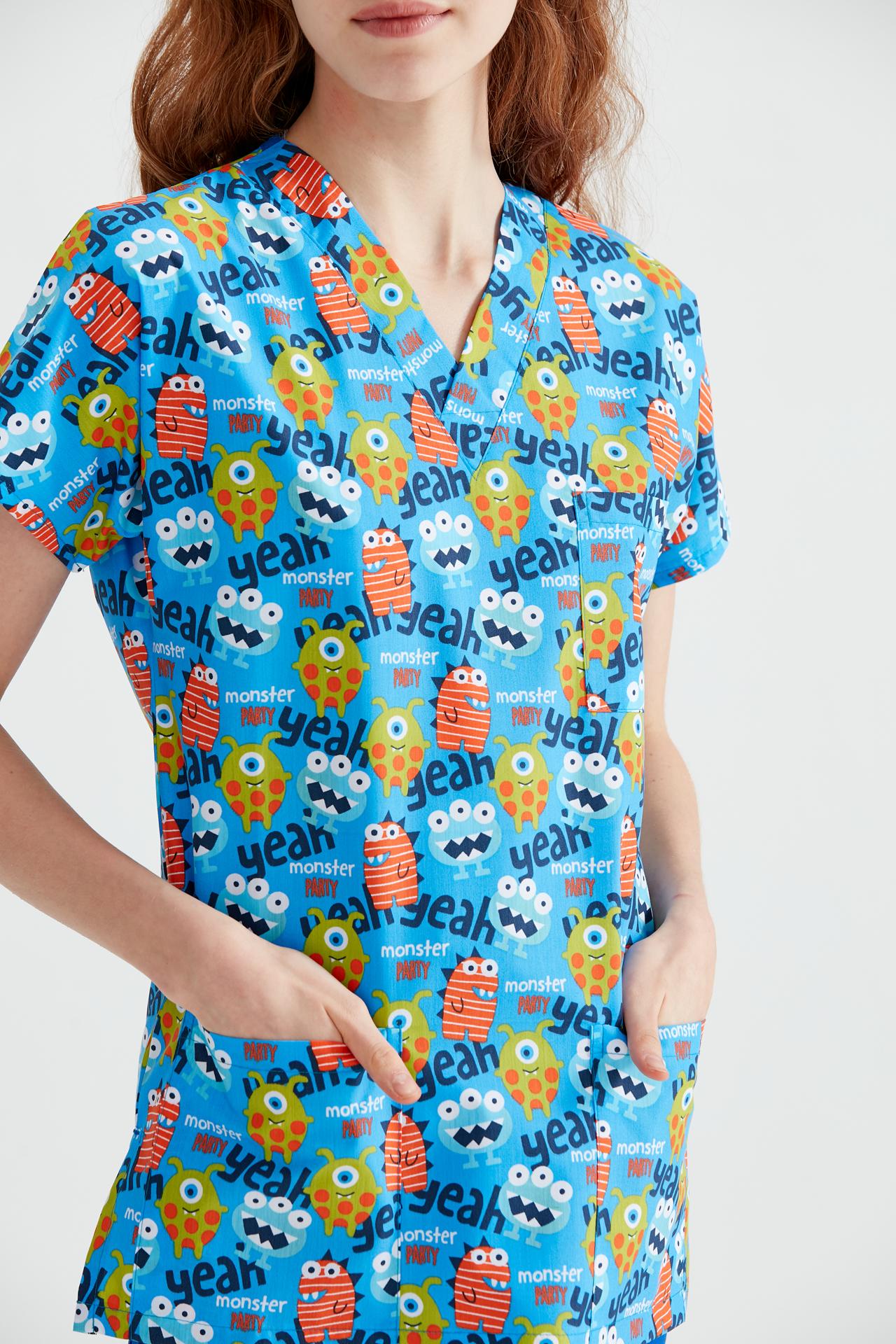 Bluza Medicala Albastru cu Imprimeu, Pentru Femei - Model Monster (Monstrii)