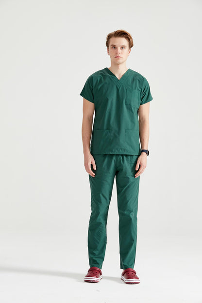 Asistent medical imbracat in costum medical barbati, elastan, verde kaki, vedere din profil