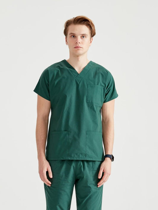 Asistent medical imbracat in costum medical pentru barbati, elastan, Verde kaki, vedere din fata