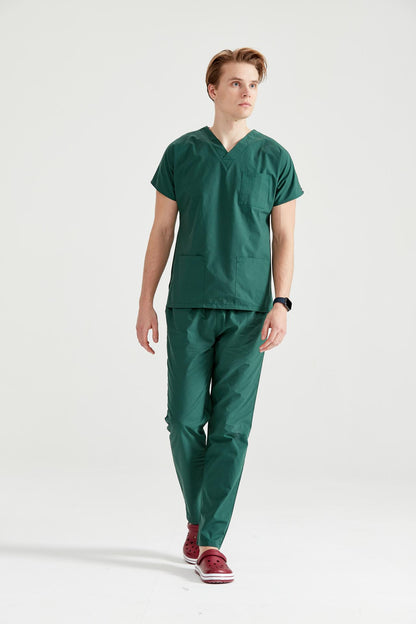 Asistent medical imbracat in costum medical barbati, elastan, verde kaki, vedere din profil