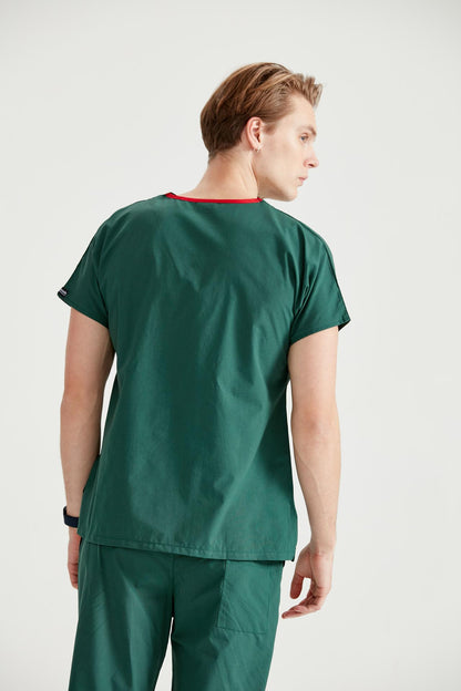 Asistent medical imbracat in costum medical barbati, elastan, verde kaki, vedere din spate