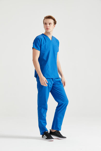 Asistent medical imbracat in costum medical barbati, elastan, albastru regal, vedere din profil