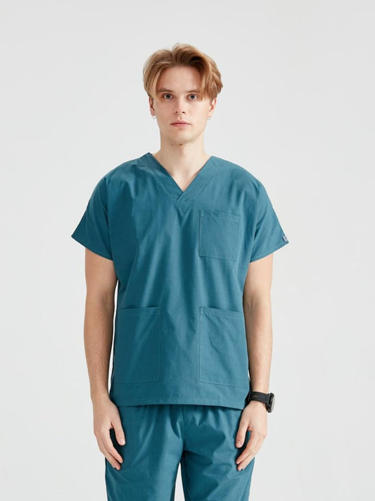 Asistent medical imbracat in costum medical pentru barbati, elastan, verde petrol, vedere din fata