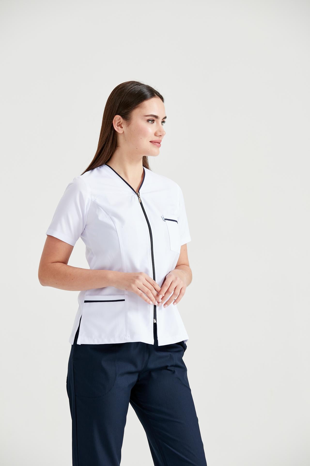 Halat Medical Pentru Femei, Tip Bluza cu Fermoar, Alb - Model Dunga Bleumarin