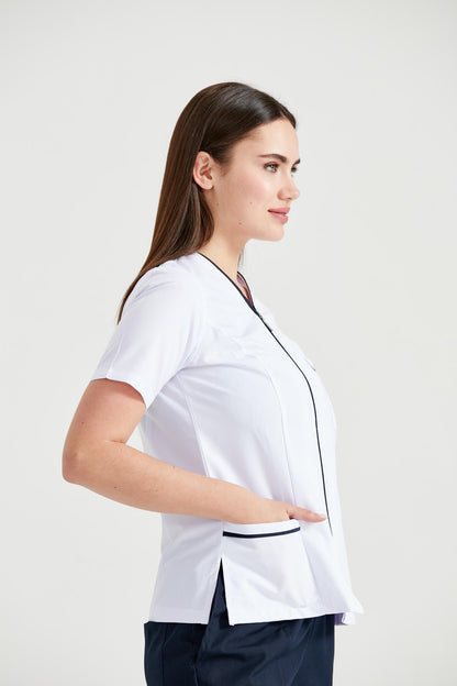 Women's Medical Gown, Blouse Type with Zipper, White - Navy Blue Stripe Pattern
