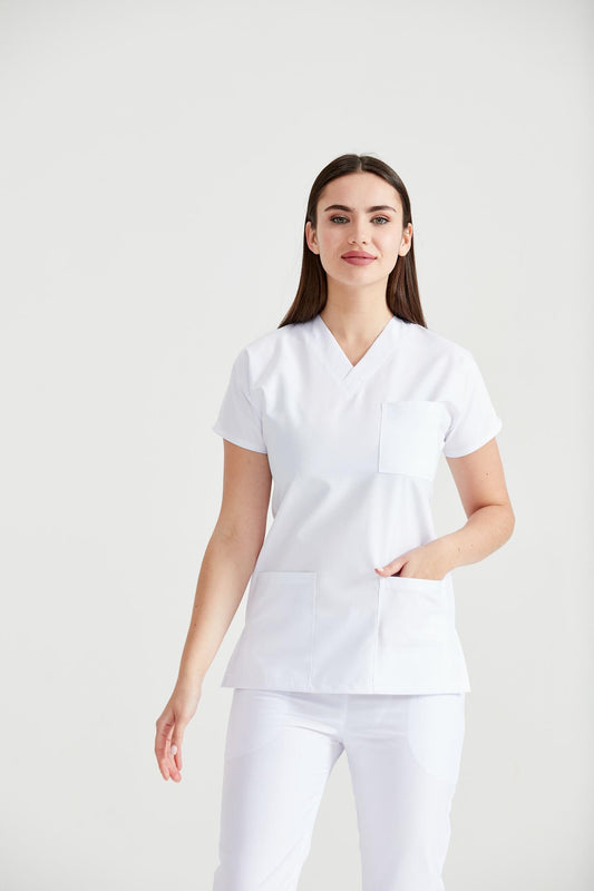Asistenta medicala imbracata in costum medical de dama din elastan, alb - white, vedere din fata