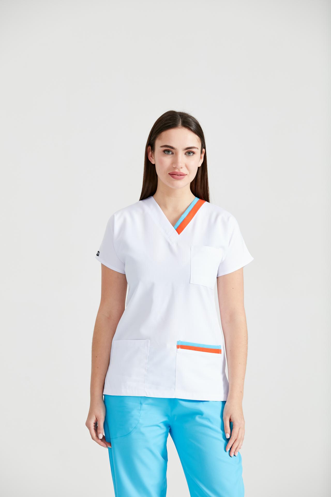 White Medical Blouse, For Women - Turquoise&amp;Orange