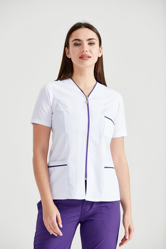 Halat Medical Pentru Femei, Tip Bluza cu Fermoar, Alb - Model Dunga Mov