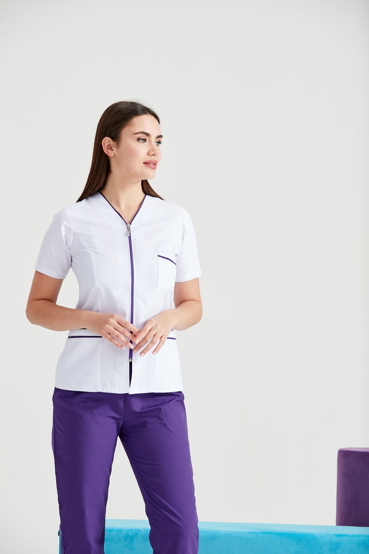 Women's Medical Gown, Blouse Type with Zipper, White - Purple Stripe Pattern
