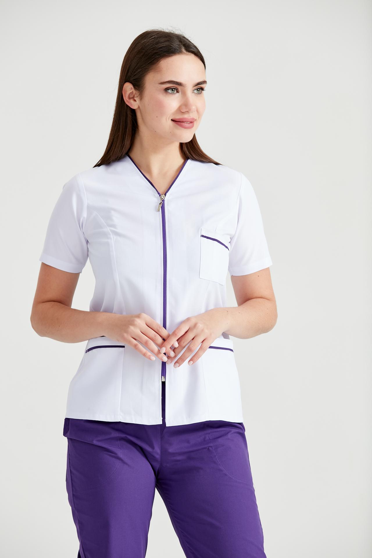Halat Medical Pentru Femei, Tip Bluza cu Fermoar, Alb - Model Dunga Mov
