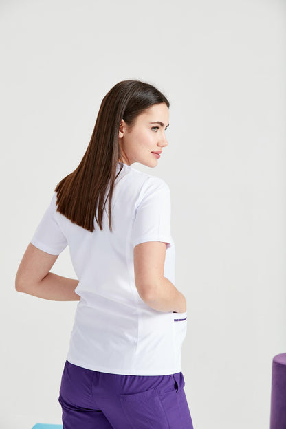 Women's Medical Gown, Blouse Type with Zipper, White - Purple Stripe Pattern
