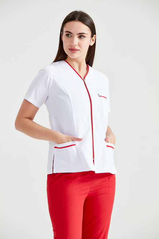 Halat Medical Femei Tip Bluza cu Fermoar, Alb - Model Dunga Rosie
