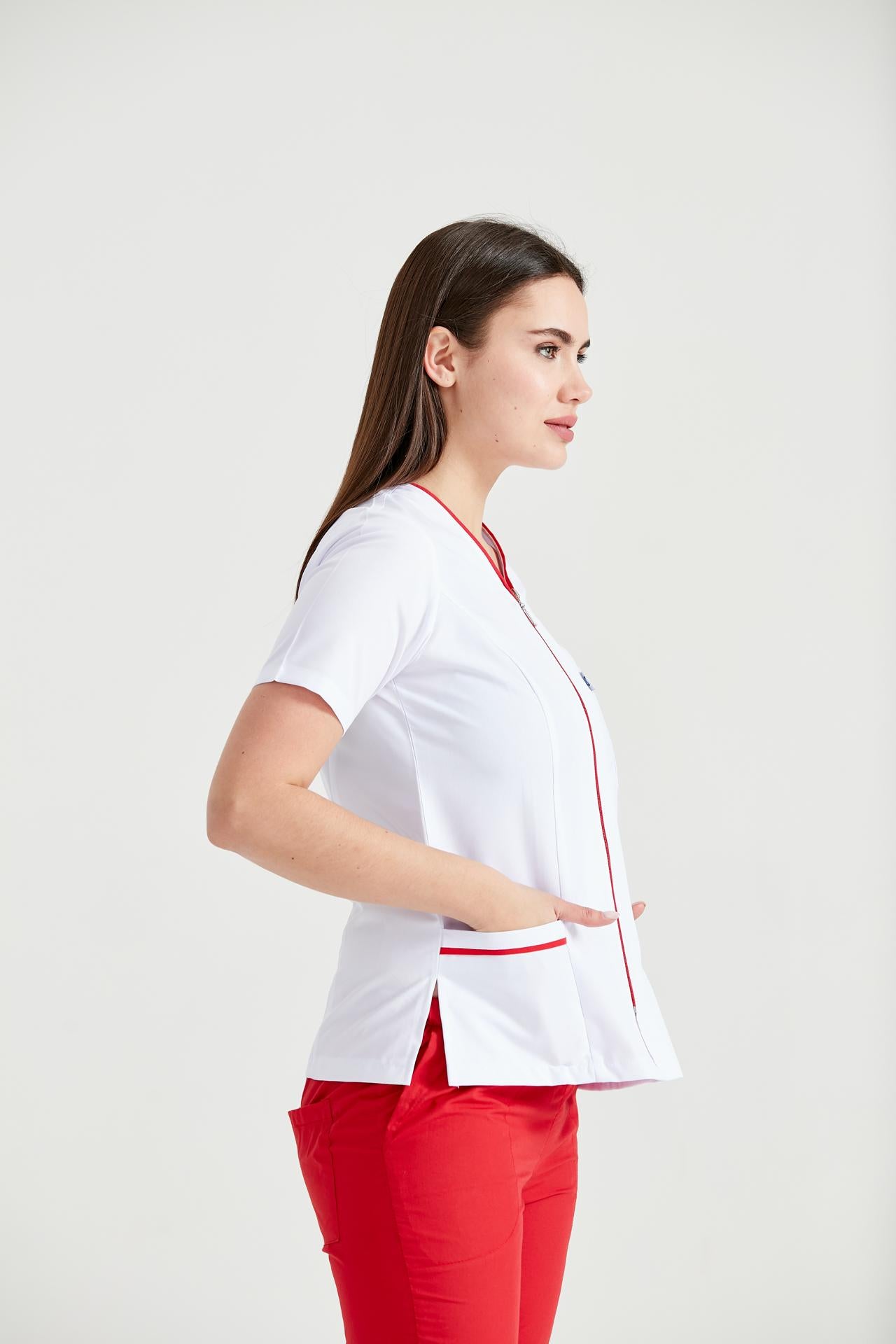 Halat Medical Femei Tip Bluza cu Fermoar, Alb - Model Dunga Rosie