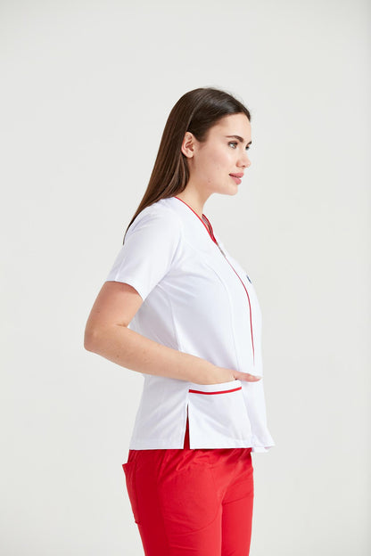 Women's Medical Gown Blouse Type with Zipper, White - Red Stripe Model