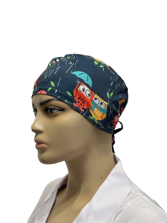 Blue unisex medical cap with owl print